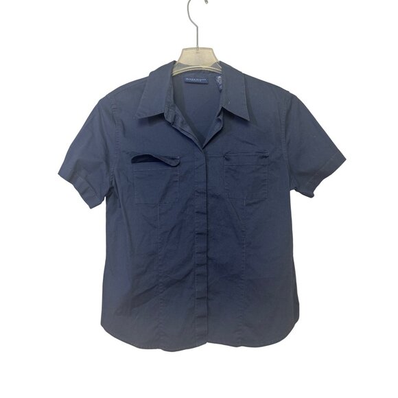 Karen Scott Tops - Karen Scott Size Large Button Down Navy Short Sleeve Stretch Cotton Shirt